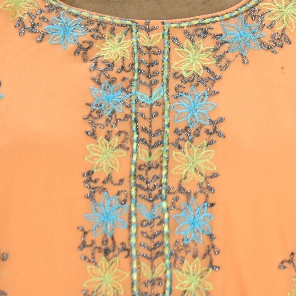 HANDMADE Kurta Peach Tunic Dress Turquoise Floral Silver Embroidered Top Ethnic - Picture 4 of 14